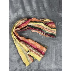 90’s STUDIO New York 100% Silk Scarf Striped Yellow Green Red Tan